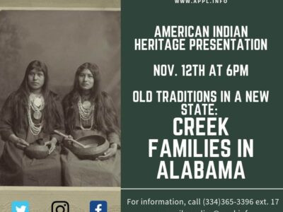 Autauga Prattville Public Library to Present ‘Old Traditions in a New State: Creek Families of Alabama’ Nov. 12
