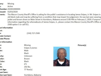 Missing Senior Alert Notification for James Snipes Jr., 77, of Macon County