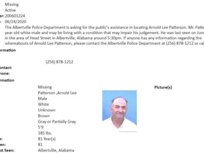 Albertville Police Seek Missing Man Identified as Arnold Lee Patterson, 81; Last seen June 22