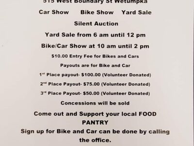 Elmore County Food Pantry Volunteer Fundraiser coming to Wetumpka July 25; Bike/Car Show, Yard Sale and Silent Auction