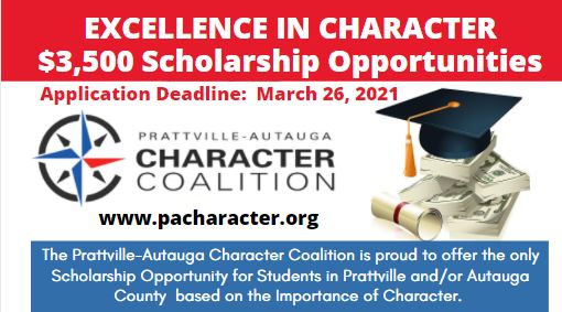 Prattville-Autauga Character Coalition Will Present Two $3,500 Scholarships; Applications Due March 26