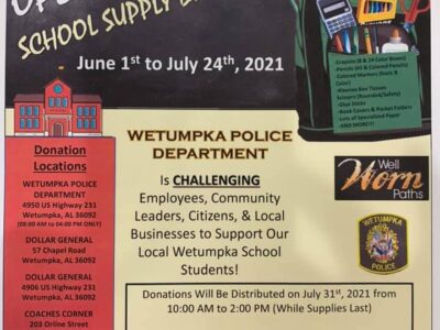 Wetumpka PD, Well Worn Paths Hosting ‘Operation Backpack’ School Fundraising Drive