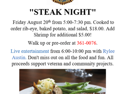 Friday is Steak Night at American Legion Post 122 of Prattville; Music from Rylee Austin