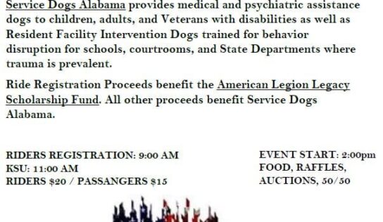 Charity Event/Ride Saturday to Benefit Service Dogs of Alabama, Legacy Fund