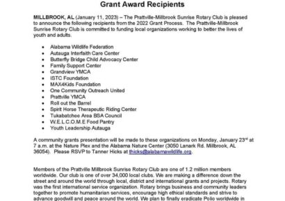 Prattville-Millbrook Sunrise Rotary Club Announces 2022 Grant Award Recipients