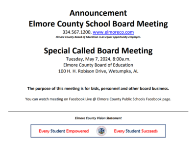 Special Called Board meeting for Elmore County is May 7